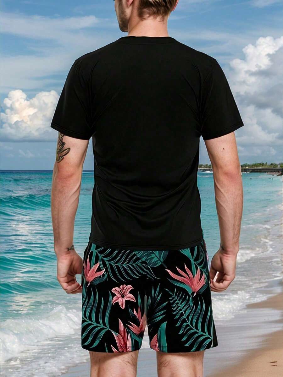 Printed Floral Shirt - Men's Tropical Plant Print Short Sleeve