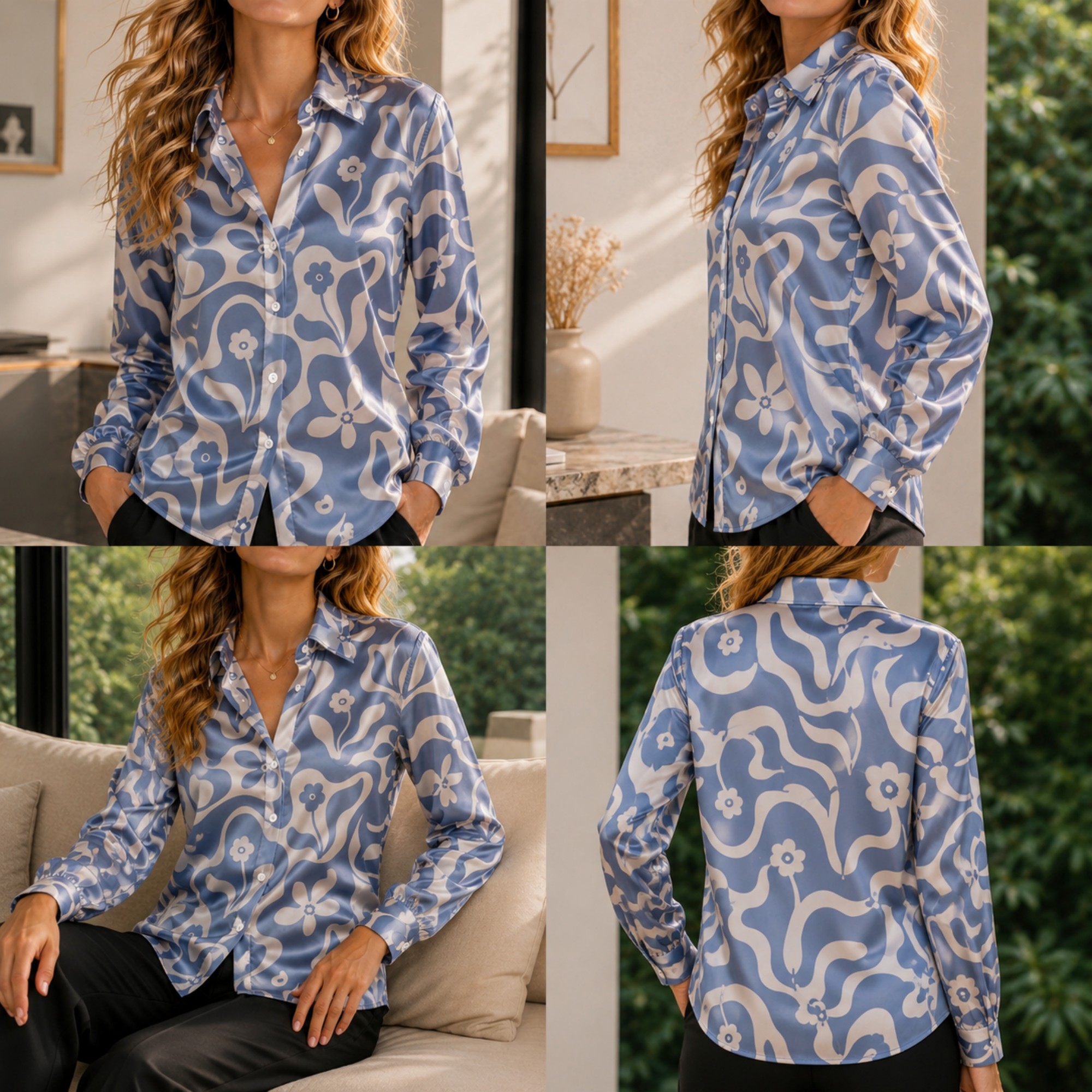 Printed Floral Shirt - Women Green Satin Blouse White Floral
