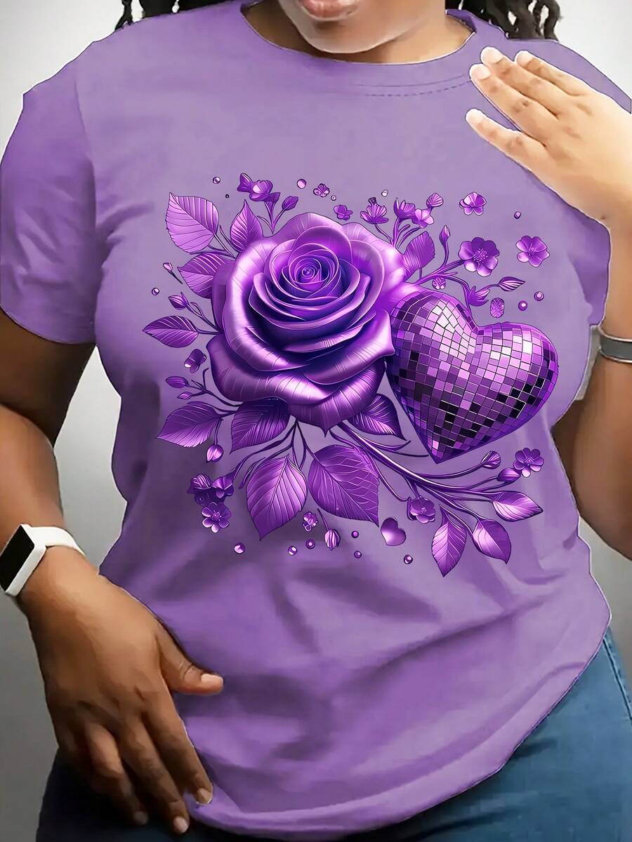 Printed Floral Shirt - Plus Size Womens Purple Floral Rose
