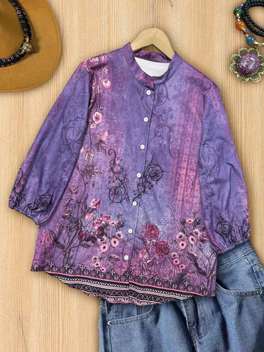 Printed Floral Shirt - Women Vintage Floral Print Three-Quarter Lantern