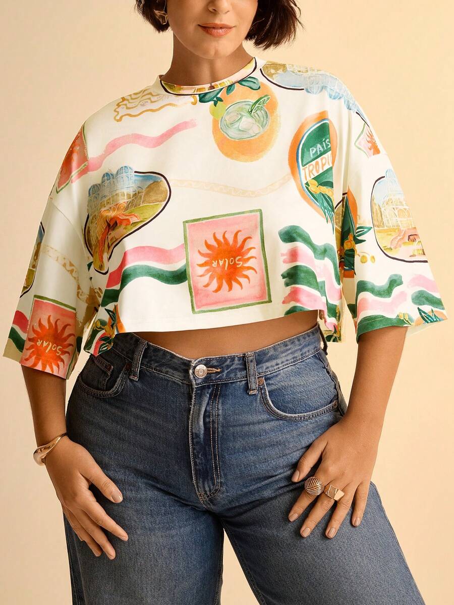 Printed Floral Shirt - Plus Size Women Round Neck Short