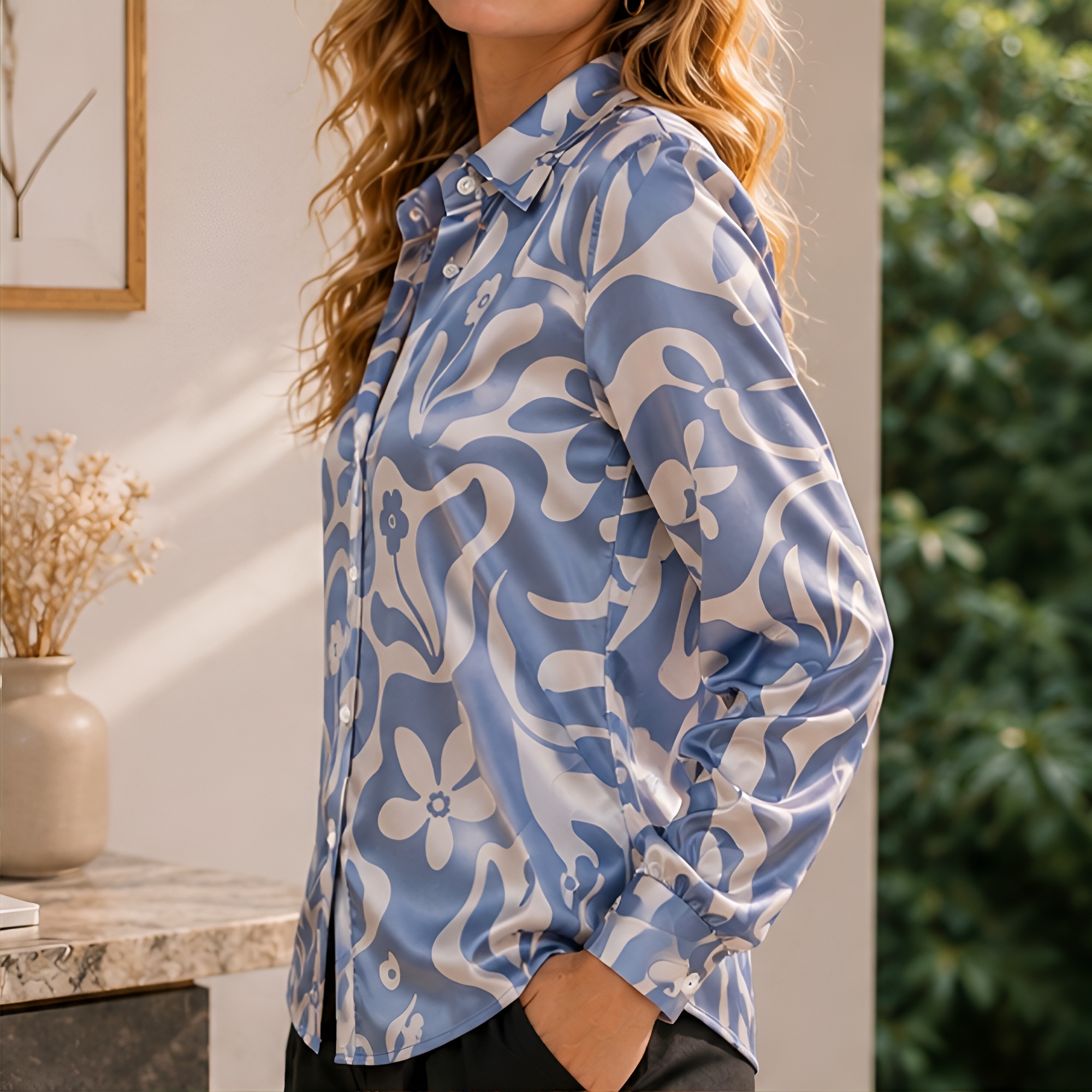 Women Green Satin Blouse White - Printed Floral Shirt incelemesi ve fiyatı