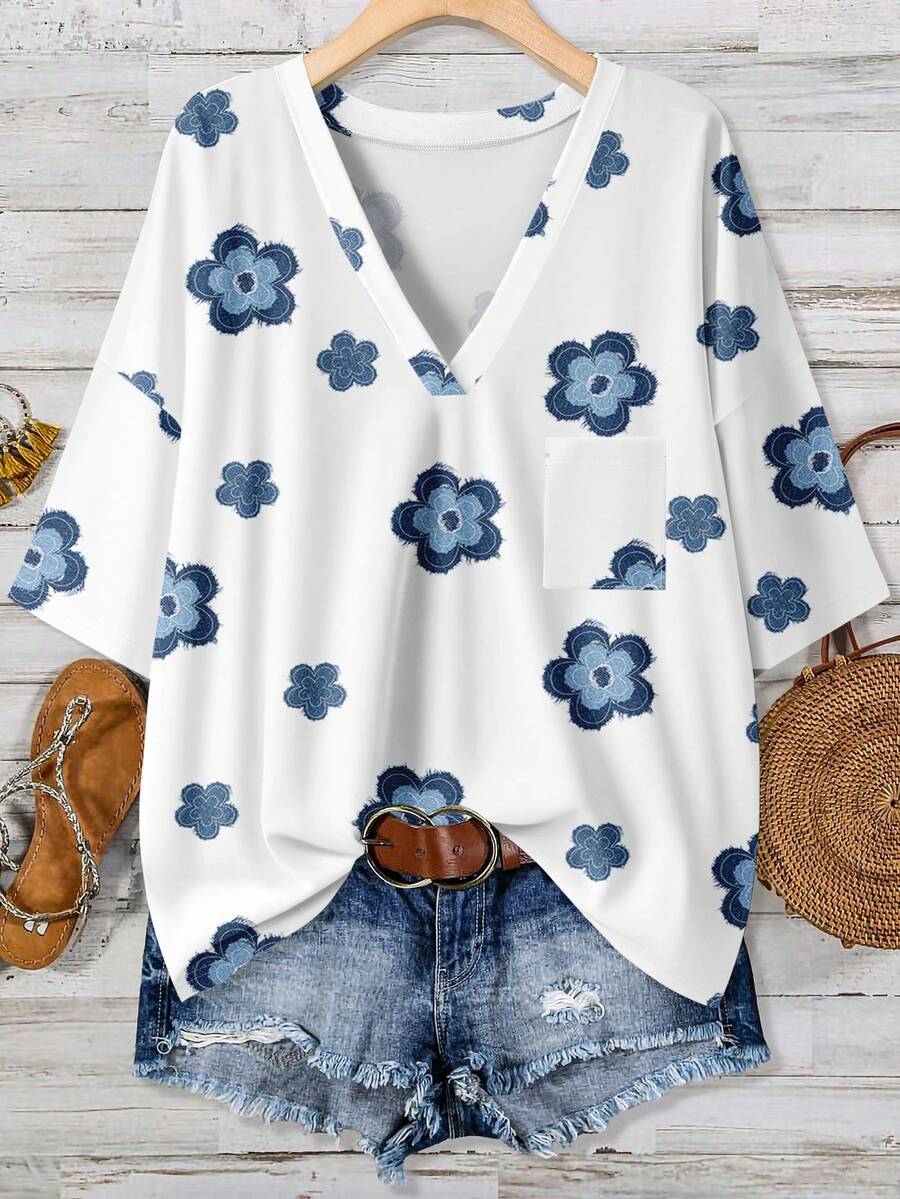 Floral Print Plus Size V-Neck  - Printed Floral Shirt incelemesi ve fiyatı