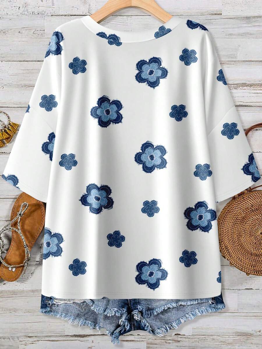 Floral Print Plus Size V-Neck  - Printed Floral Shirt incelemesi ve fiyatı