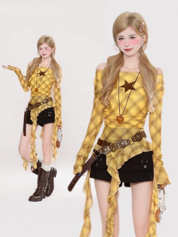 Y2K Plaid Slash Neck Vintage T - Vintage Fashion Y2K incelemesi ve fiyatı