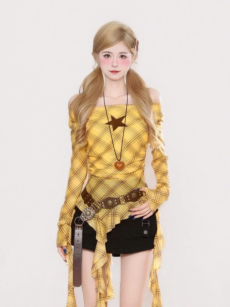 Y2K Plaid Slash Neck Vintage T - Vintage Fashion Y2K incelemesi ve fiyatı